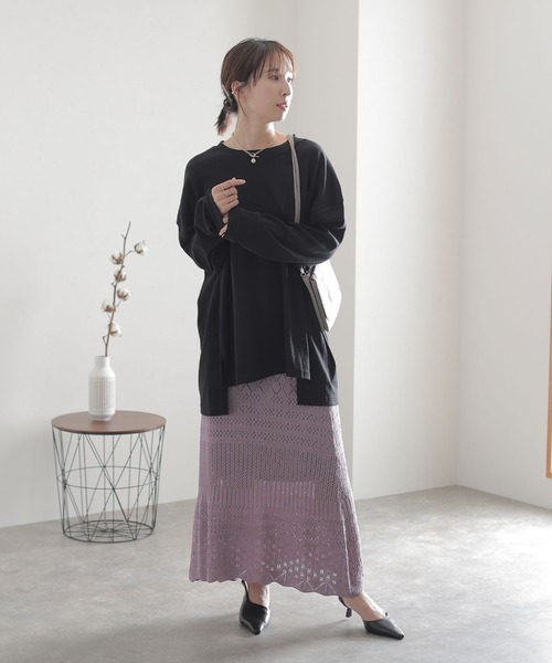 ElegChic(エレグシック)の「サイド スリット ポケットTシャツ 長袖 (Tシャツ/カットソー・レディース・ブラック/オフホワイト/グレイッシュベージュ・4L/XXL/L)」の7枚目の写真