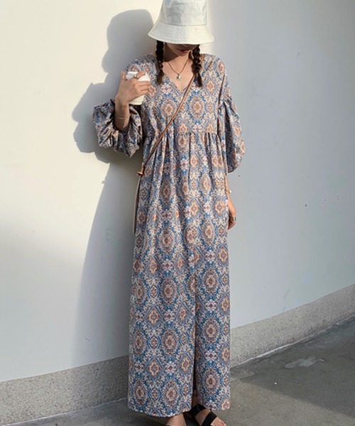 セール】ボリュームスリーブオリエンタル柄ロング丈ワンピース
