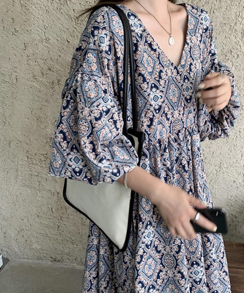 セール】ボリュームスリーブオリエンタル柄ロング丈ワンピース