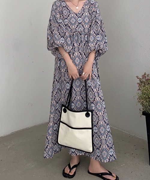 セール】ボリュームスリーブオリエンタル柄ロング丈ワンピース