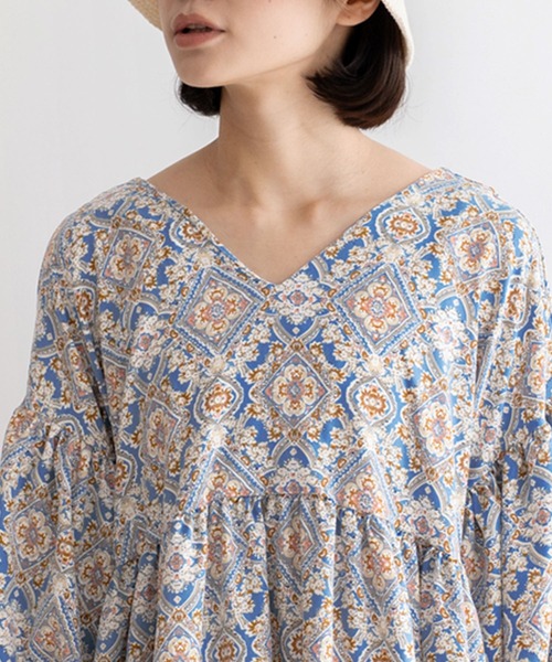 No Rule No Line（ノール－ルノーライン）の「バルーンスリーブオリエンタル柄ロング丈ワンピース ペイズリー 半袖 春服（ワンピース・レディース・ライトブルー/ネイビー・FREE）」の22枚目の写真