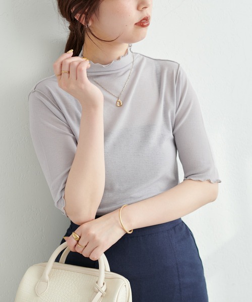 natural couture(ナチュラルクチュール)の「シアーネット半袖ハイネックプルオーバー(Tシャツ/カットソー・レディース・ライトグレー/ブラック/アイボリー/ピンクベージュ/グリーン・FREE)」の3枚目の写真