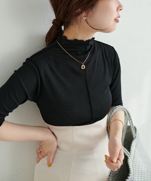 natural couture(ナチュラルクチュール)の「シアーネット半袖ハイネックプルオーバー(Tシャツ/カットソー・レディース・ライトグレー/ブラック/アイボリー/ピンクベージュ/グリーン・FREE)」の1枚目の写真