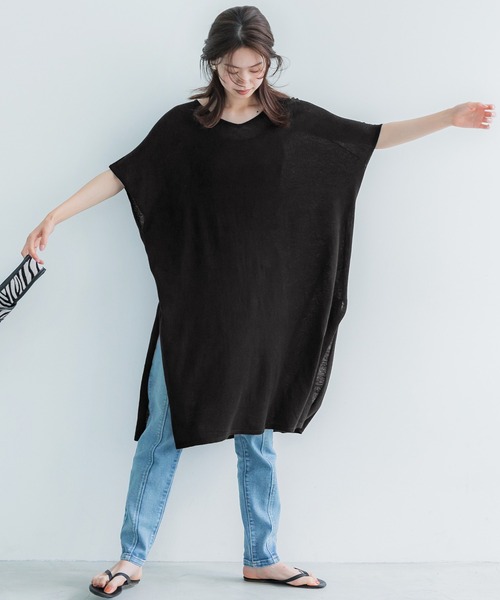 coca(coca)(コカ)の「サマーニットポンチョワンピース(チュニック・レディース・ブラック/ブラウン・M/L)」の2枚目の写真