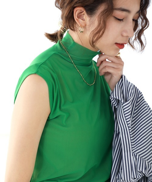 Bou Jeloud(ブージュルード)の「【WEB限定】シアーメッシュノースリトップス(Tシャツ/カットソー・レディース・ブラック/ピンク/オレンジ/グリーン・FREE)」の3枚目の写真