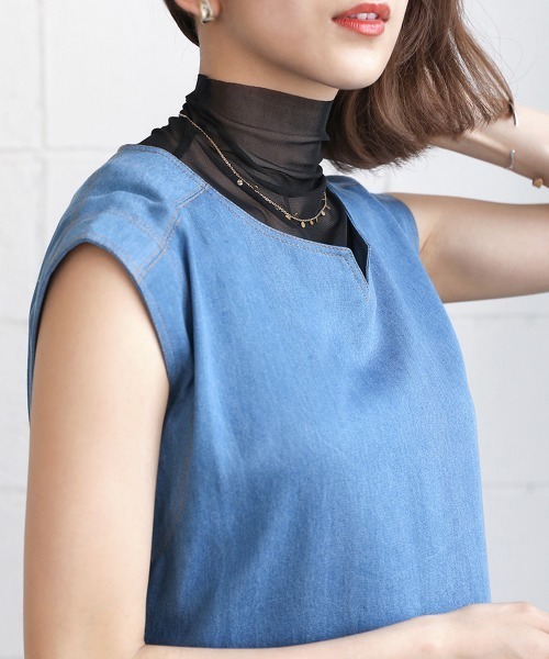 Bou Jeloud(ブージュルード)の「【WEB限定】シアーメッシュノースリトップス(Tシャツ/カットソー・レディース・ブラック/ピンク/オレンジ/グリーン・FREE)」の2枚目の写真