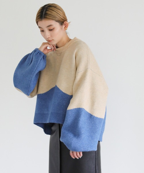 select MOCA（セレクトモカ）の「ツートンボリュームスリーブニット（ニット/セーター・レディース・ピンク/オレンジ/ブルー/グリーン/グレー・FREE）」の7枚目の写真