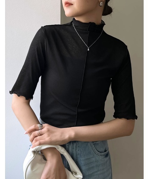 Re:EDIT（リエディ）の「前後2WAYシアーネットハイネックトップス（Tシャツ/カットソー・レディース・オフホワイト/ブラック/パープル/グリーン・MEDIUM）」の2枚目の写真