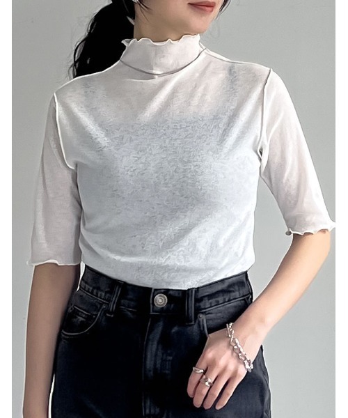 Re:EDIT（リエディ）の「前後2WAYシアーネットハイネックトップス（Tシャツ/カットソー・レディース・オフホワイト/ブラック/パープル/グリーン・MEDIUM）」の21枚目の写真