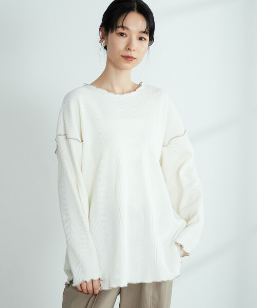 ONIGIRI(オニギリ)の「変形ワッフル プルオーバー(Tシャツ/カットソー・レディース・ベージュ/ブラウン/オフホワイト/グリーン・FREE)」の1枚目の写真