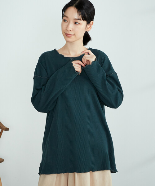 ONIGIRI(オニギリ)の「変形ワッフル プルオーバー(Tシャツ/カットソー・レディース・ベージュ/ブラウン/オフホワイト/グリーン・FREE)」の4枚目の写真