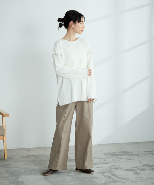 ONIGIRI(オニギリ)の「変形ワッフル プルオーバー(Tシャツ/カットソー・レディース・ベージュ/ブラウン/オフホワイト/グリーン・FREE)」の6枚目の写真