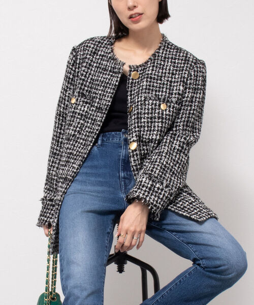 美品 リエミラー クルーネック フリンジジャケット ツイード 金ボタン 黒 38 Rie Miller（リエミラー）の「クルーネックフリンジジャケット