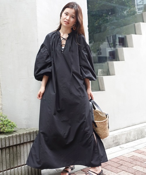 CORNERS(コーナーズ)の「ボリューム袖スピンドルカフタンワンピース(ワンピース・レディース・ブラック/ブラウン/アイボリー系/オレンジ/ベージュ・L/M)」の6枚目の写真