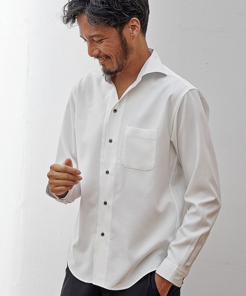 UNION STATION（ユニオンステーション）の「【EFFORTLESS】ストレッチドビーカッタウェイシャツ/スキッパーシャツ（シャツ/ブラウス・メンズ・ホワイト/ネイビー/ブルー・LL/M/L）」の2枚目の写真