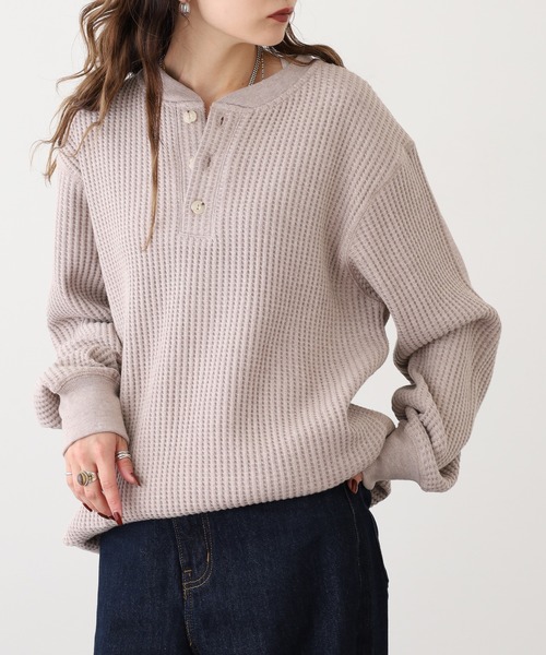 JEMORGAN（ジェーイーモーガン）の「JEMORGAN ビッグワッフル ヘンリーネック（Tシャツ/カットソー・メンズ・ブラック/オフホワイト/カーキ/杢グレー/マスタード/オートミール/チャコール/ネイビー/ブラウン/モカ・M/XL/L/S）」の6枚目の写真