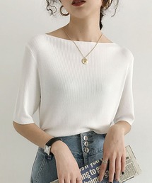 5分袖ボートネックリブ編みニットプルオーバー