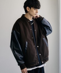 スタジャン ブラック/ブラウン ウール/レザー