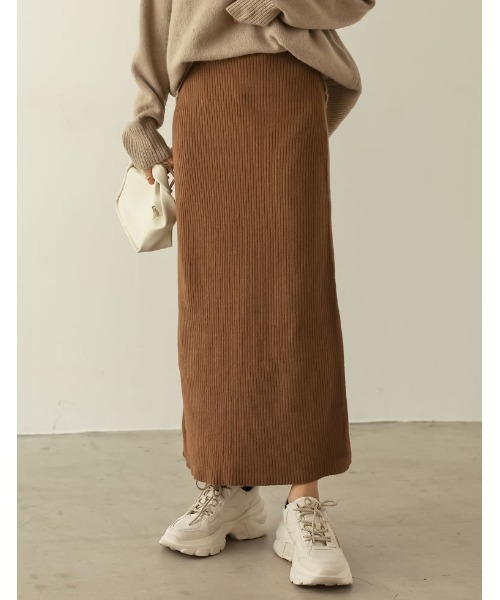 [低身長サイズ有]マルチウェイ起毛リブニットスリットナロースカート