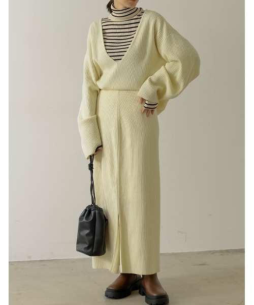 [低身長サイズ有]マルチウェイ起毛リブニットスリットナロースカート