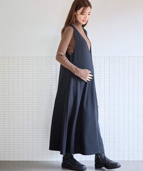 セール】Vネックスムースワンピース/ジャンパースカート（ロング丈