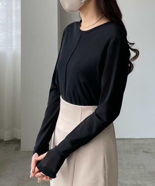 Louere（ルエレ）の「シアーフィンガーホールトップス（Tシャツ/カットソー・レディース・クリーム/ブラック/ベージュ・SMALL/MEDIUM/LARGE）」の5枚目の写真