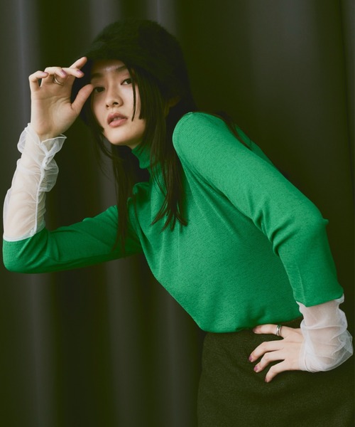 Happy John（ハッピージョン）の「docking sheer turtleneck tops/ドッキングシアータートルネックトップス（Tシャツ/カットソー・レディース・ナチュラル/ブラック/グリーン・FREE）」の3枚目の写真