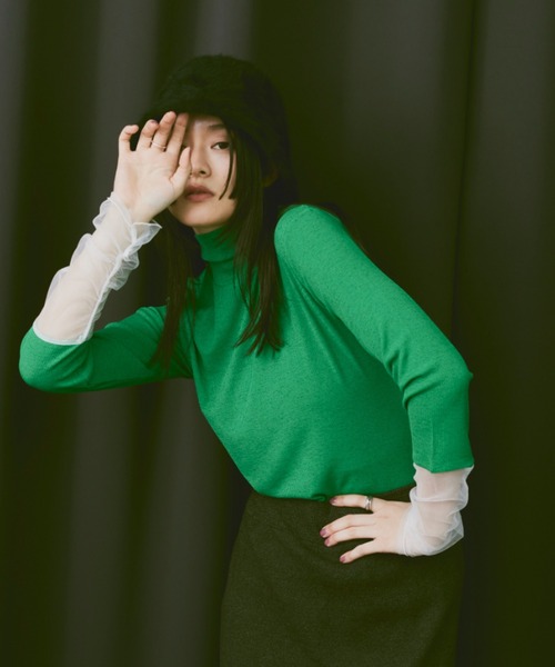 Happy John（ハッピージョン）の「docking sheer turtleneck tops/ドッキングシアータートルネックトップス（Tシャツ/カットソー・レディース・ナチュラル/ブラック/グリーン・FREE）」の5枚目の写真