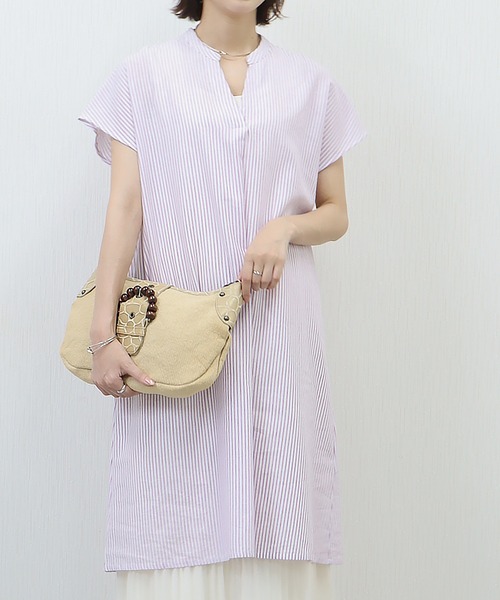 libelle more（リベル モア）の「《吸水速乾・UVカット・抗菌防臭》フレンチリネン　ストライプキーネックワンピース（シャツワンピース・レディース・ラベンダー/ミント/ブルー/ブラック・M/L）」の4枚目の写真