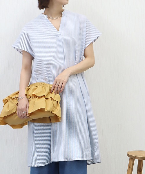 libelle more（リベル モア）の「《吸水速乾・UVカット・抗菌防臭》フレンチリネン　ストライプキーネックワンピース（シャツワンピース・レディース・ラベンダー/ミント/ブルー/ブラック・M/L）」の2枚目の写真