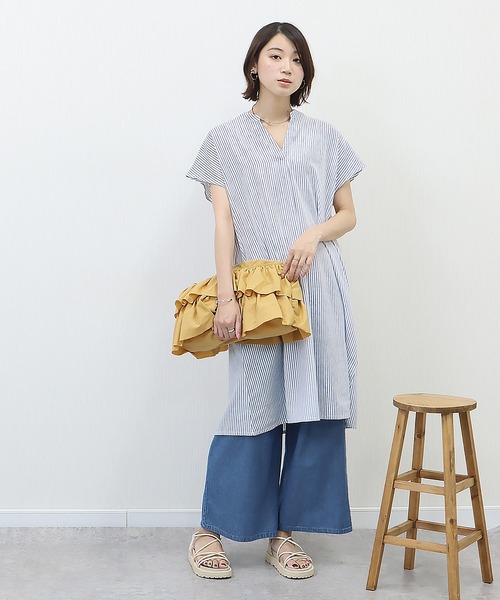 libelle more（リベル モア）の「《吸水速乾・UVカット・抗菌防臭》フレンチリネン　ストライプキーネックワンピース（シャツワンピース・レディース・ラベンダー/ミント/ブルー/ブラック・M/L）」の5枚目の写真