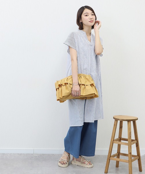 libelle more（リベル モア）の「《吸水速乾・UVカット・抗菌防臭》フレンチリネン　ストライプキーネックワンピース（シャツワンピース・レディース・ラベンダー/ミント/ブルー/ブラック・M/L）」の11枚目の写真