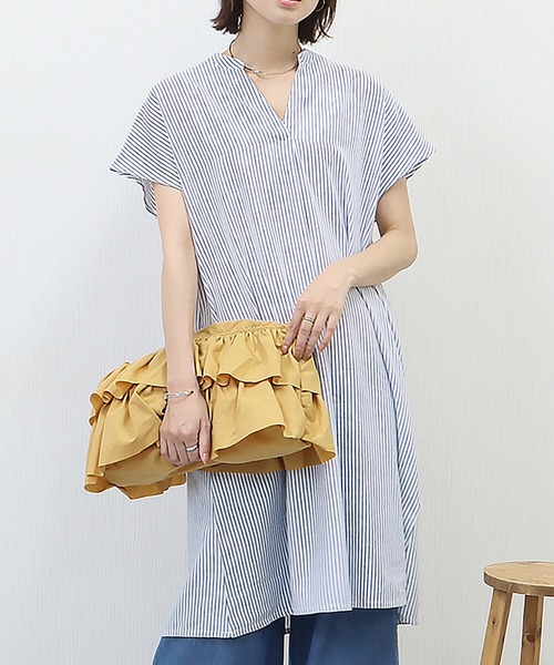 libelle more（リベル モア）の「《吸水速乾・UVカット・抗菌防臭》フレンチリネン　ストライプキーネックワンピース（シャツワンピース・レディース・ラベンダー/ミント/ブルー/ブラック・M/L）」の22枚目の写真