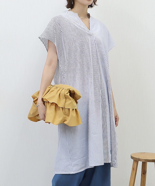 libelle more（リベル モア）の「《吸水速乾・UVカット・抗菌防臭》フレンチリネン　ストライプキーネックワンピース（シャツワンピース・レディース・ラベンダー/ミント/ブルー/ブラック・M/L）」の17枚目の写真