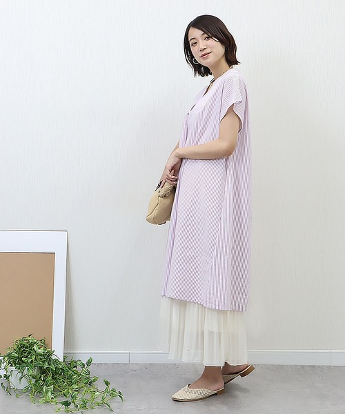 libelle more（リベル モア）の「《吸水速乾・UVカット・抗菌防臭》フレンチリネン　ストライプキーネックワンピース（シャツワンピース・レディース・ラベンダー/ミント/ブルー/ブラック・M/L）」の12枚目の写真