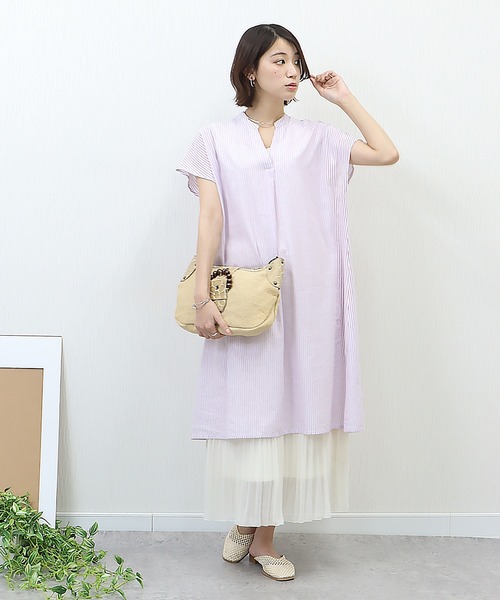 libelle more（リベル モア）の「《吸水速乾・UVカット・抗菌防臭》フレンチリネン　ストライプキーネックワンピース（シャツワンピース・レディース・ラベンダー/ミント/ブルー/ブラック・M/L）」の6枚目の写真