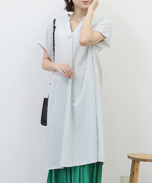 libelle more（リベル モア）の「《吸水速乾・UVカット・抗菌防臭》フレンチリネン　ストライプキーネックワンピース（シャツワンピース・レディース・ラベンダー/ミント/ブルー/ブラック・M/L）」の21枚目の写真