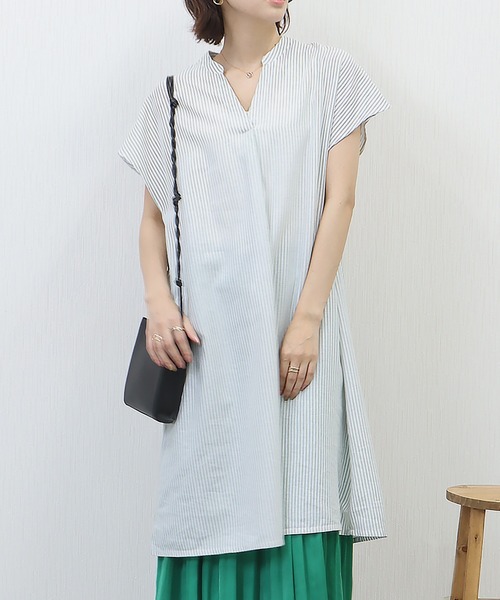 libelle more（リベル モア）の「《吸水速乾・UVカット・抗菌防臭》フレンチリネン　ストライプキーネックワンピース（シャツワンピース・レディース・ラベンダー/ミント/ブルー/ブラック・M/L）」の16枚目の写真