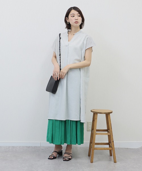 libelle more（リベル モア）の「《吸水速乾・UVカット・抗菌防臭》フレンチリネン　ストライプキーネックワンピース（シャツワンピース・レディース・ラベンダー/ミント/ブルー/ブラック・M/L）」の10枚目の写真