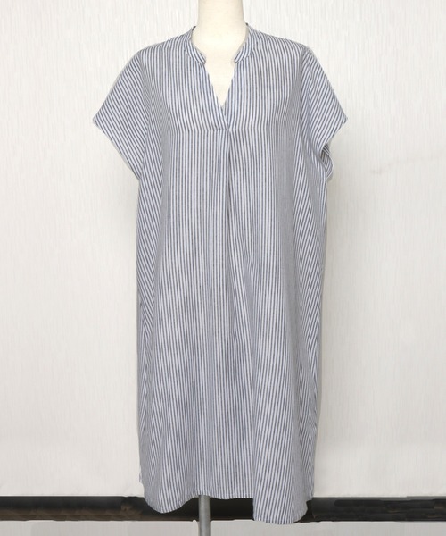 libelle more（リベル モア）の「《吸水速乾・UVカット・抗菌防臭》フレンチリネン　ストライプキーネックワンピース（シャツワンピース・レディース・ラベンダー/ミント/ブルー/ブラック・M/L）」の8枚目の写真