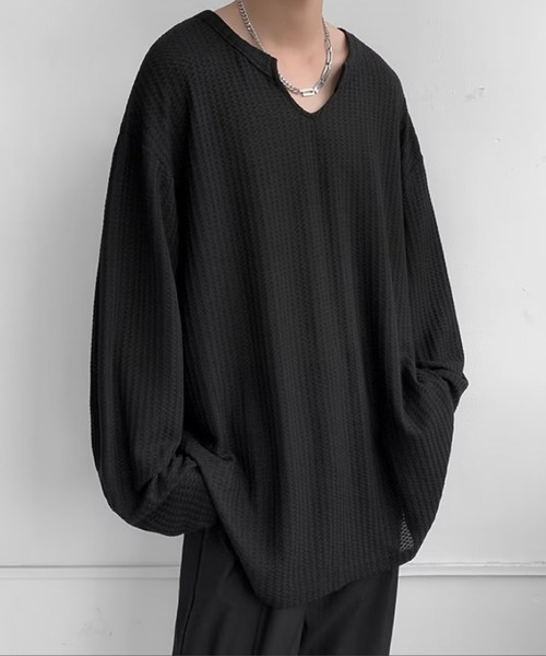 aimoha（アイモハ）の「モード系Ｖネックロング　カットソーＴシャツ（Tシャツ/カットソー・メンズ・ブラック/ホワイト・LARGE/X-LARGE/XX-LARGE/MEDIUM）」の11枚目の写真