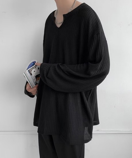 aimoha（アイモハ）の「モード系Ｖネックロング　カットソーＴシャツ（Tシャツ/カットソー・メンズ・ブラック/ホワイト・LARGE/X-LARGE/XX-LARGE/MEDIUM）」の12枚目の写真