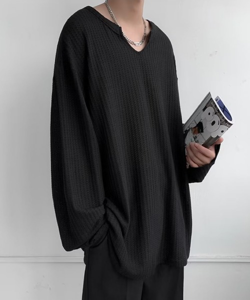 aimoha（アイモハ）の「モード系Ｖネックロング　カットソーＴシャツ（Tシャツ/カットソー・メンズ・ブラック/ホワイト・LARGE/X-LARGE/XX-LARGE/MEDIUM）」の13枚目の写真