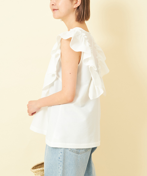 U by SPICK&SPAN(ユーバイスピックアンドスパン)の「フリルノースリブラウス(シャツ/ブラウス・レディース・ブルー/ホワイト/ブラック・FREE)」の7枚目の写真