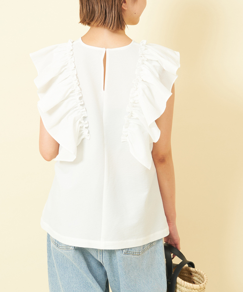 U by SPICK&SPAN(ユーバイスピックアンドスパン)の「フリルノースリブラウス(シャツ/ブラウス・レディース・ブルー/ホワイト/ブラック・FREE)」の6枚目の写真