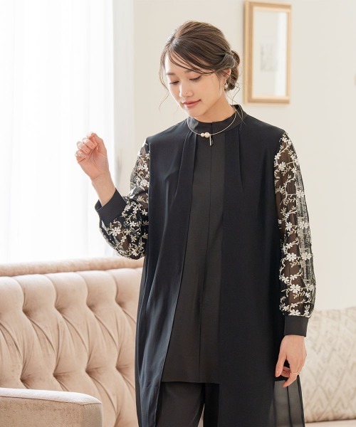 Jolie et Jolie（ジョリーエジョリー）の「袖チュールレースフロントファスナーロングブラウス＋パンツセットアップドレス（パンツドレス・レディース・ブラック系/ベージュ系・M/L/LL/3L/4L/5L）」の19枚目の写真