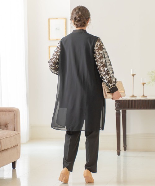 Jolie et Jolie（ジョリーエジョリー）の「袖チュールレースフロントファスナーロングブラウス＋パンツセットアップドレス（パンツドレス・レディース・ブラック系/ベージュ系・M/L/LL/3L/4L/5L）」の20枚目の写真