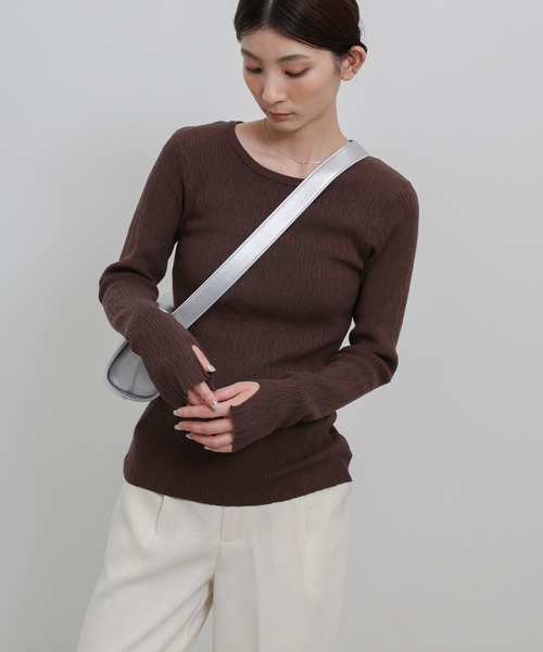 セール】【8色展開】ニュアンスリブクルーネックトップス（Tシャツ