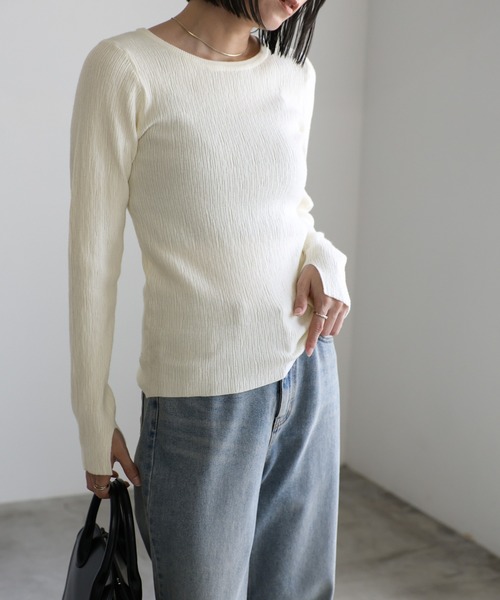 セール】≪もちもち肌触り≫ニュアンスリブクルーネックトップス（T