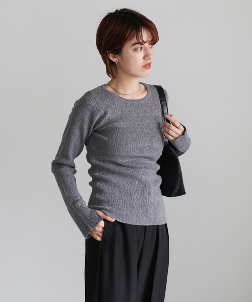 セール】【8色展開】ニュアンスリブクルーネックトップス（Tシャツ